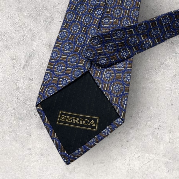 SERICA Blue/Brown Geometric Floral Silk LUXURY Tie HANDMADE ITALY - Picture 5 of 6